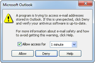 Outlook E-mail Warning - A program is trying to access e-mail address information stored in Outlook